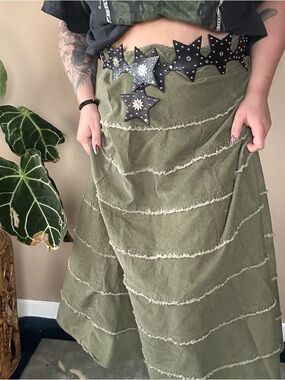 Olive Green corduroy tiered Maxi Skirt